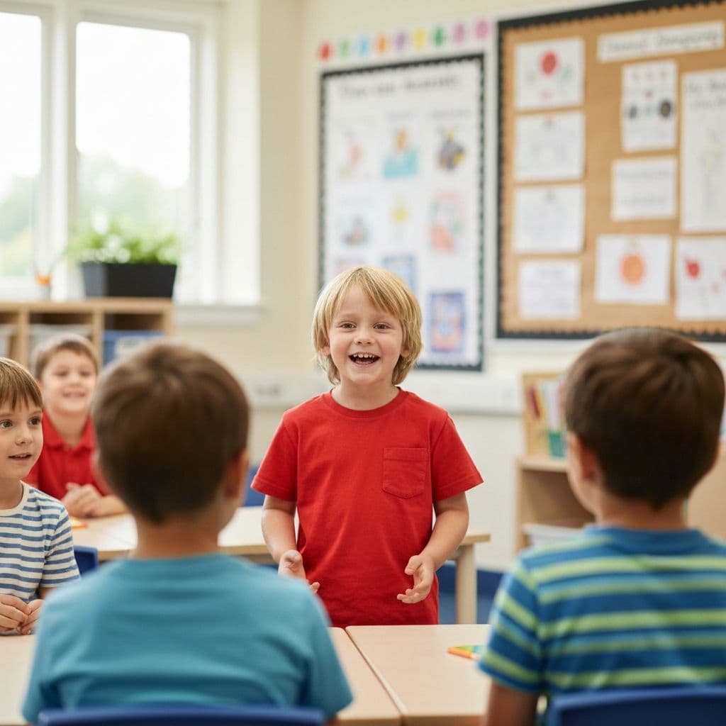 A confident child speaking at a podium in a warm classroom setting